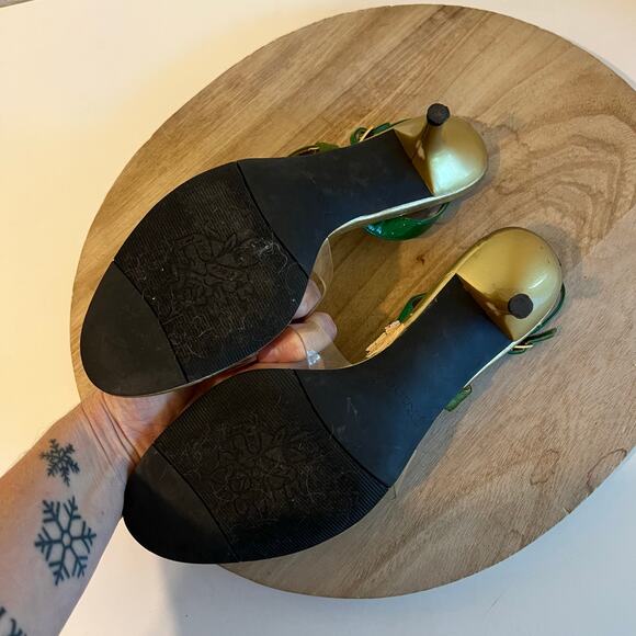 Green Yellow Sunflower Embellished Open Toe Kitten Heel Ankle Strap Size 9.5 - Picture 3 of 13